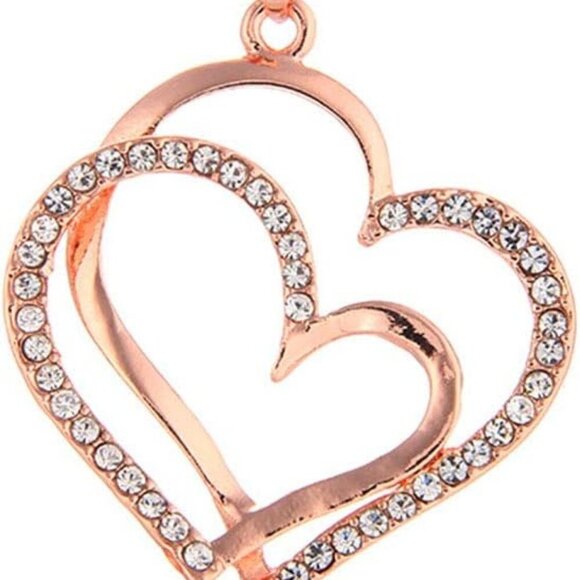 Other - 14K Rose Gold Silver Double Heart Shaped Necklace Shiny Crystal Stud Earrings We